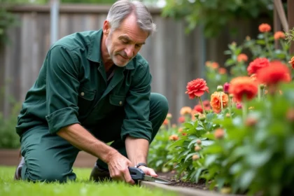 Homme jardinier taillant une bordure de fleurs dans un jardin