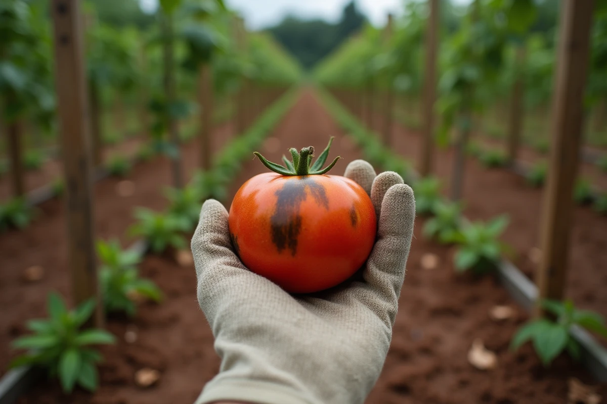 Jardinier tenant une tomate avec taches noires au potager, comparaison des maladies fongiques en plein air