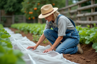 Femme en salopette posant un filet insecte sur des légumes