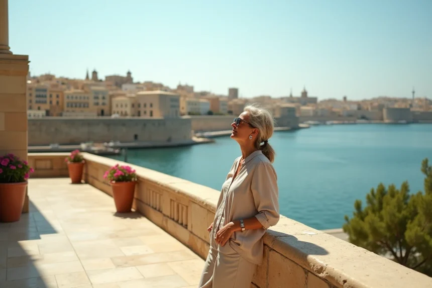 Vue panoramique sur le Grand Port depuis les jardins Upper Barrakka à La Valette, Malte, avec une femme appuyée sur la balustrade en calcaire