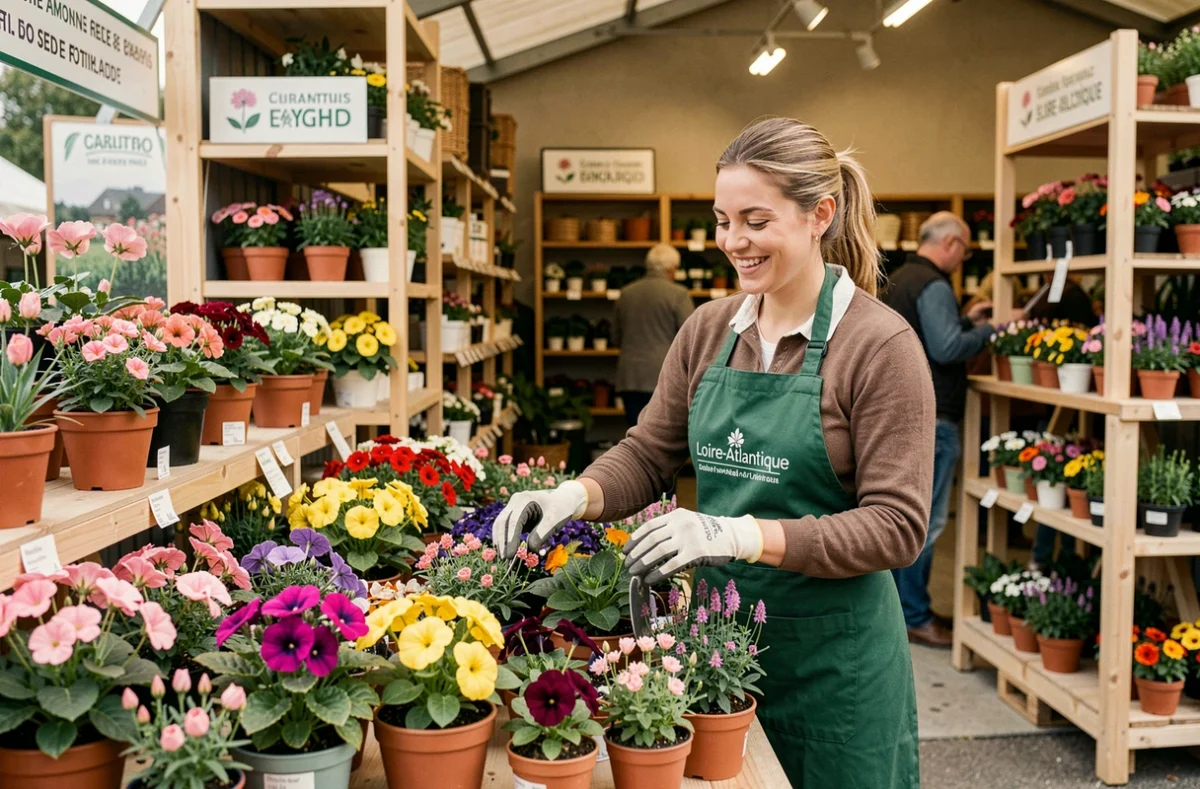 Horticultrice de Jardiville arrangeant des plantes fleuries devant un centre jardin coloré en Loire-Atlantique