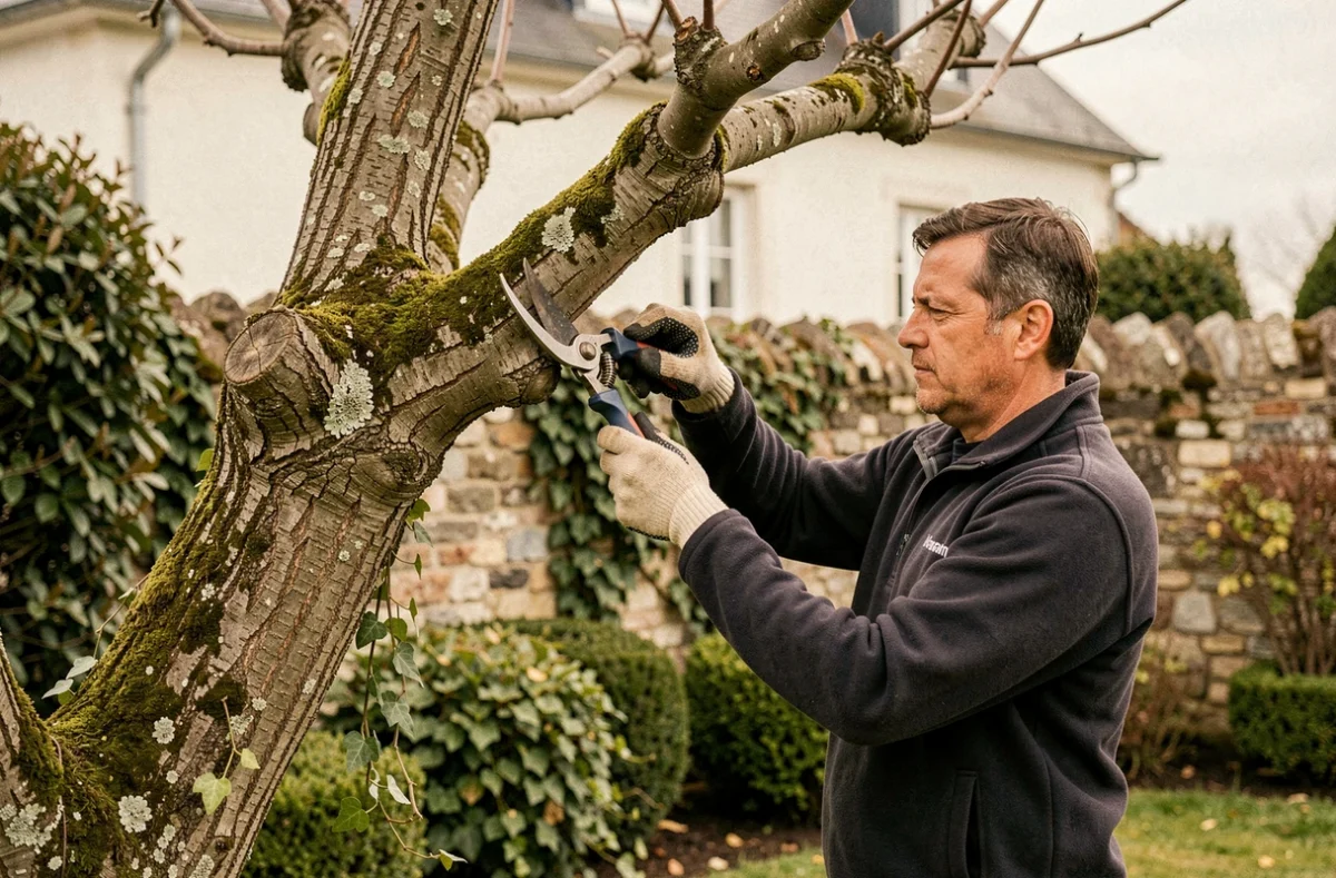 Jardinier paysagiste de Jaulin Paysages taillant un arbre ornemental mature dans un jardin privé avec maison traditionnelle en arrière-plan