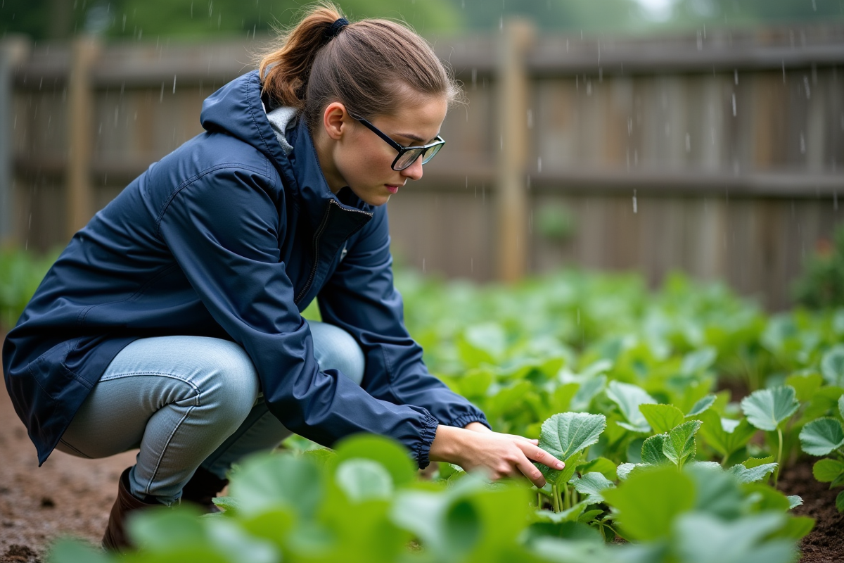 Jeune agronome inspectant des plantes mouillées avec une veste bleue