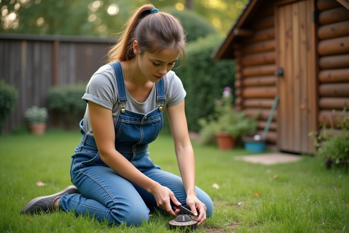 Jeune femme en extérieur affûtant une lame de tondeuse dans le jardin
