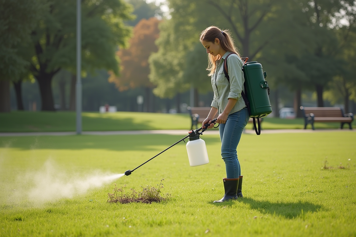 Jeune femme utilisant un pulvérisateur pour désherber dans un parc