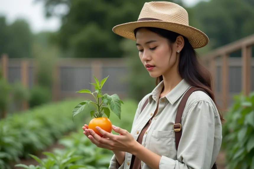 Femme examinant des feuilles de tomate jaunies dans son jardin