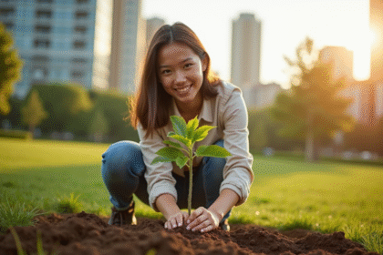 Jeune femme plantant un arbre dans un parc urbain ensoleille