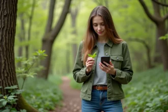 Jeune femme examine une feuille avec son smartphone en nature