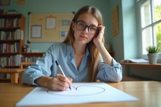 Jeune femme en classe écrivant un quiz avec motif floral U