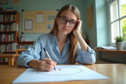 Jeune femme en classe écrivant un quiz avec motif floral U