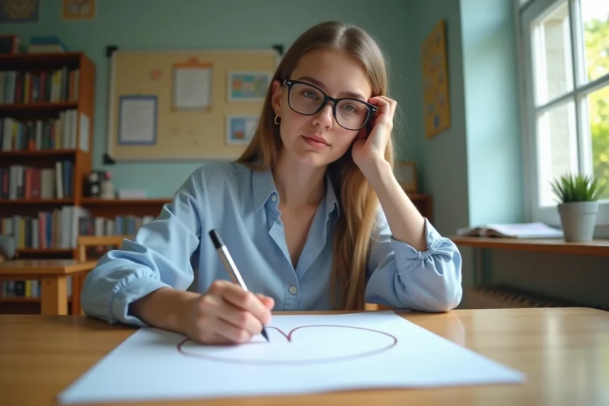 Jeune femme en classe écrivant un quiz avec motif floral U