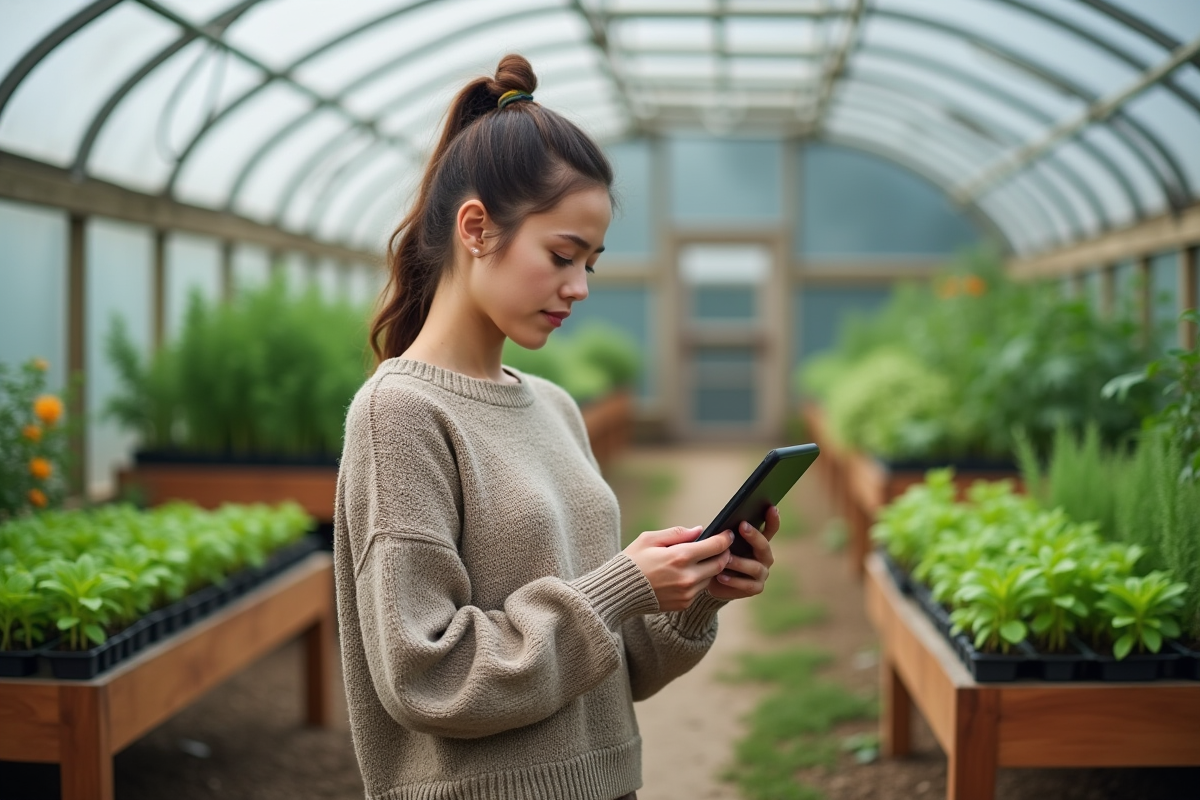 Jeune étudiante agricole inspectant un potager en serre