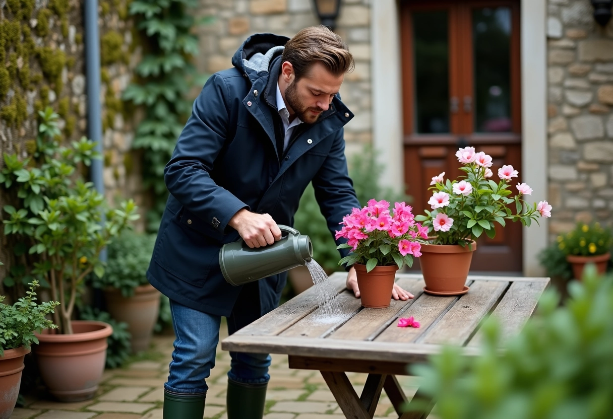 Jeune homme arrosant bougainvillea dans jardin rural