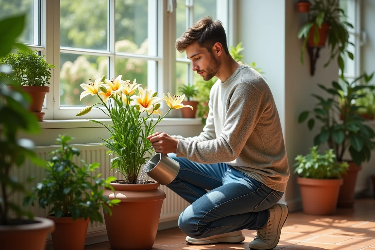 Jeune homme arrosant des lys dans une serre lumineuse