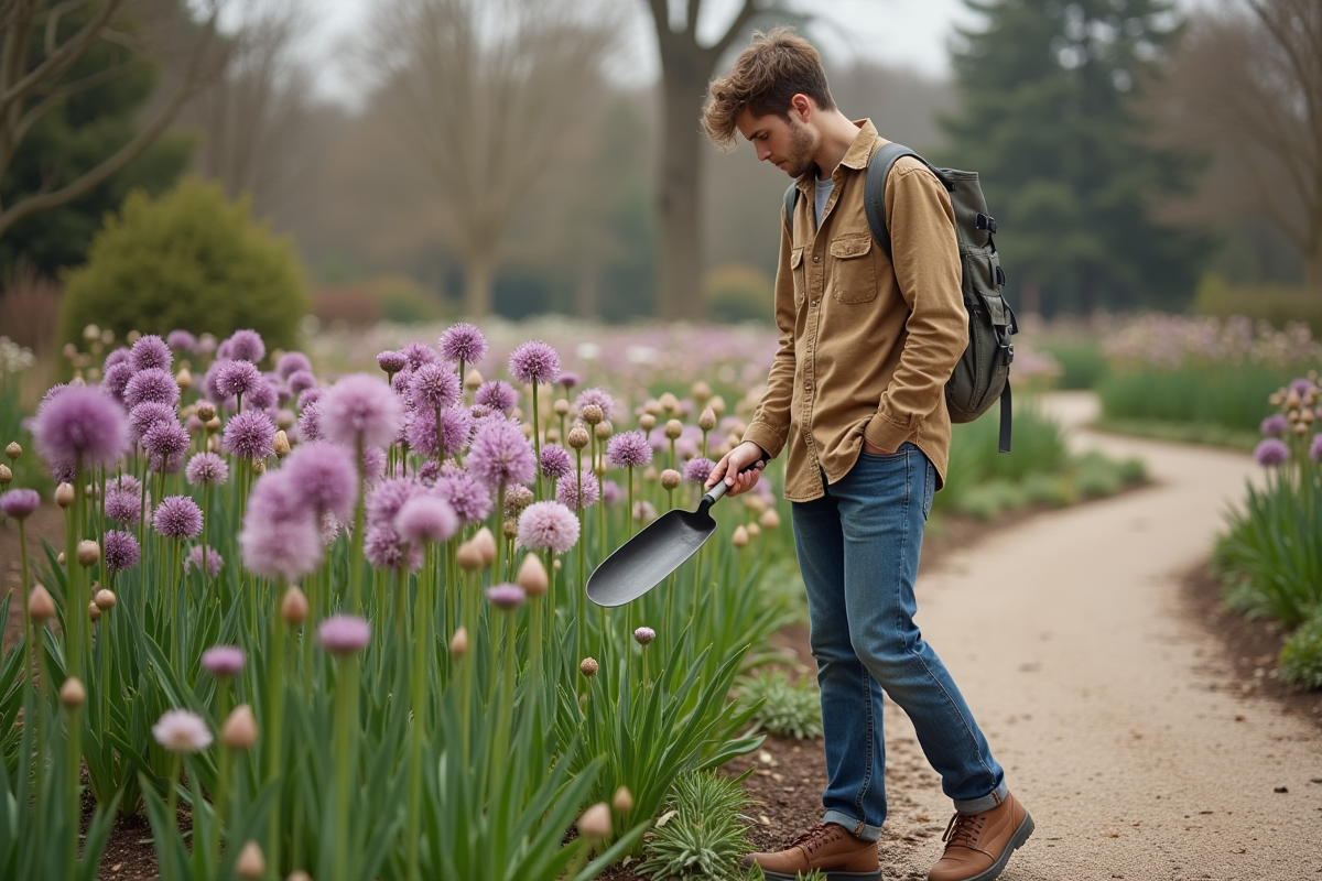 Jeune homme avec trowel dans un jardin botanique