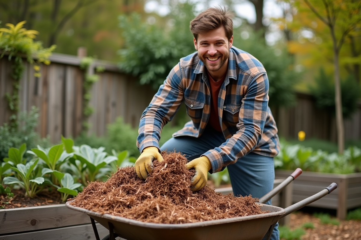 Jeune homme ajoutant des feuilles déchiquetées au compost