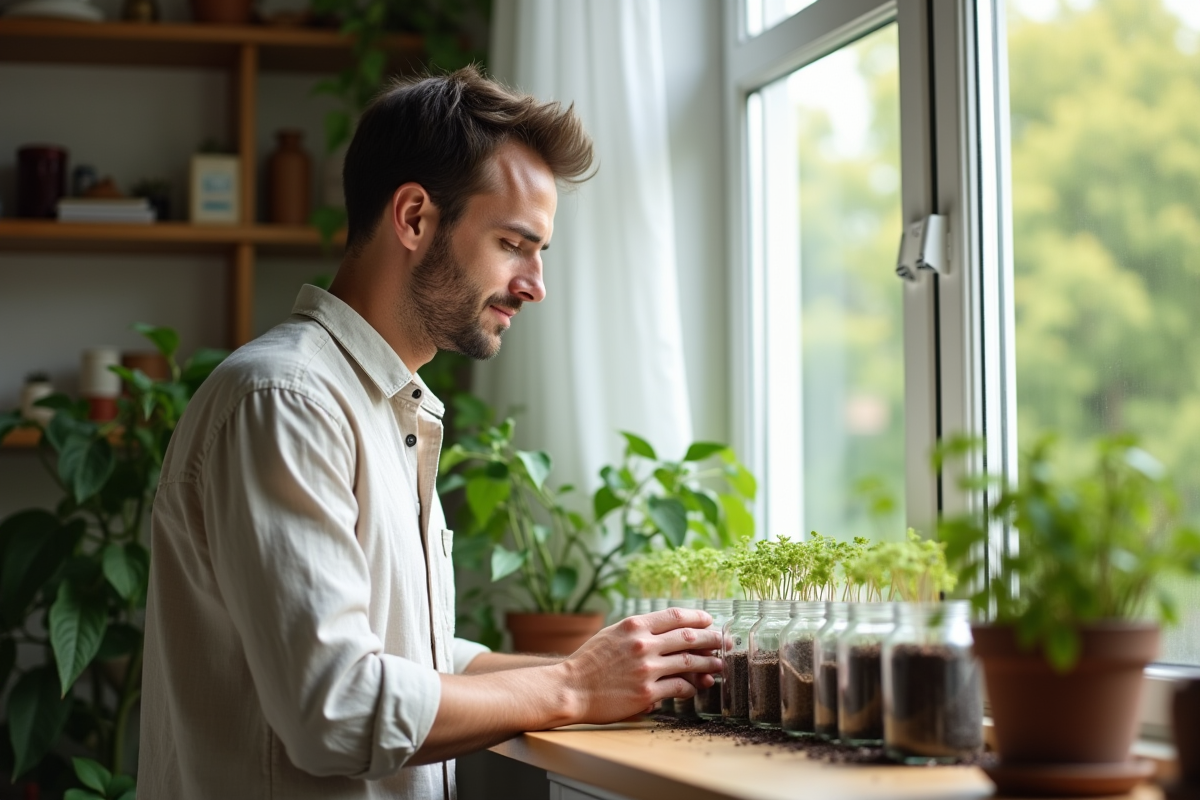 Jeune homme observant des graines en germination sur une fenêtre lumineuse