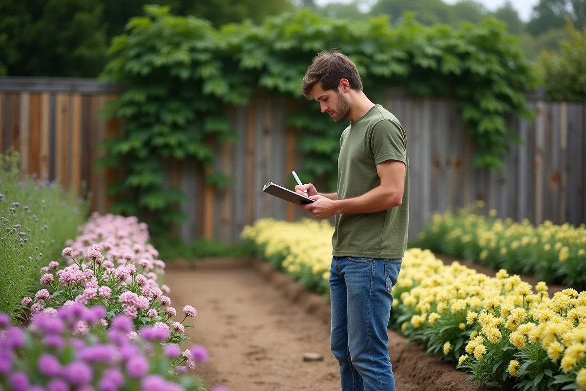 Jeune homme étudie un lit de lisanthus dans un jardin communautaire