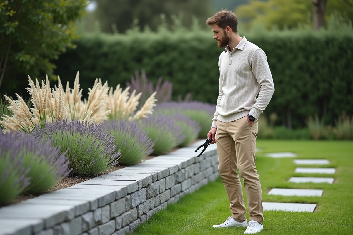 Jeune homme observant les plantes dans le jardin