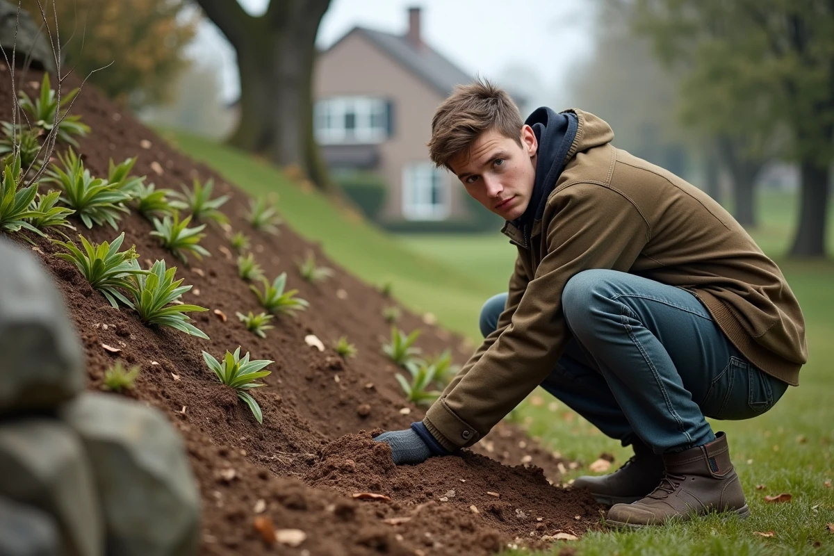 Jeune homme en travaux mulchant un talus de jardin