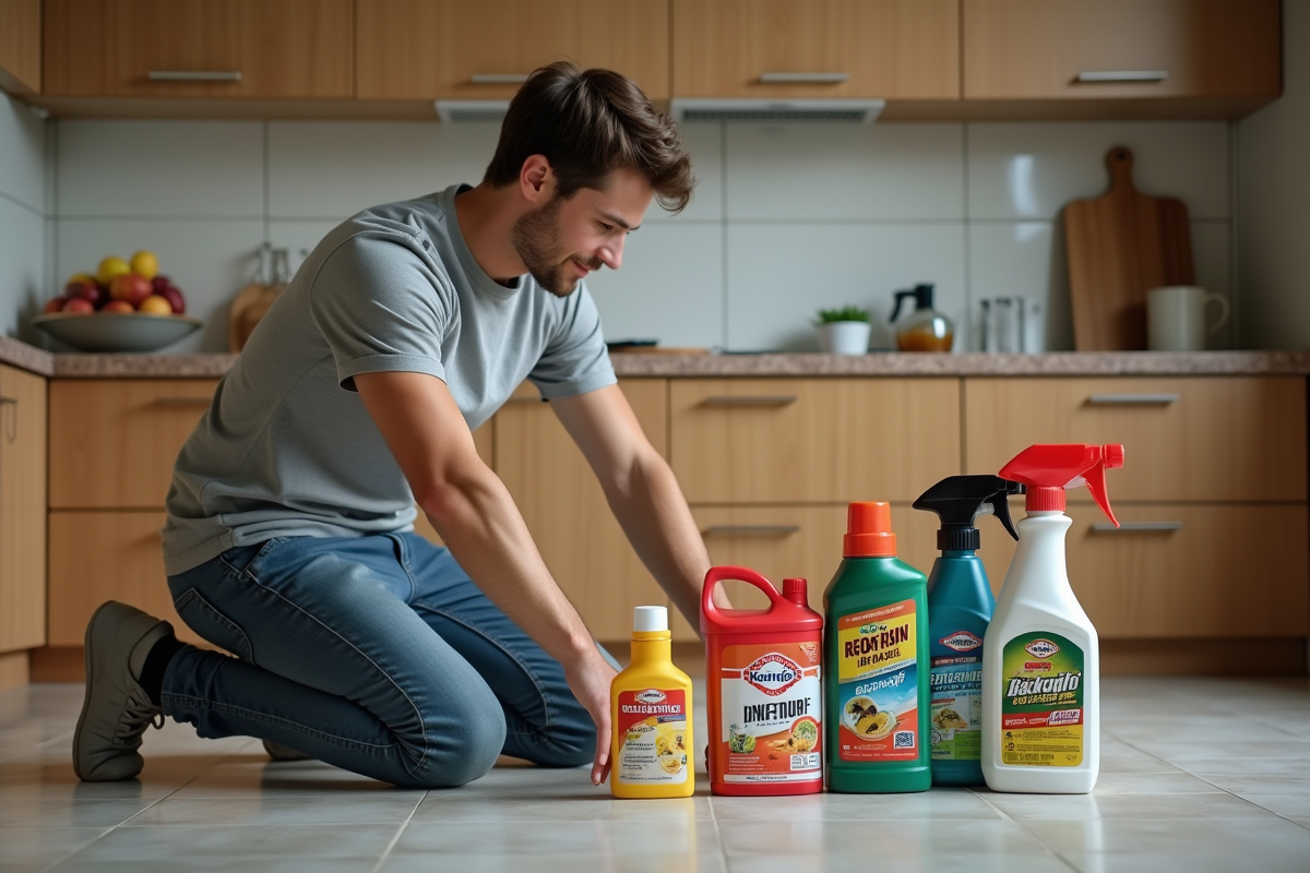 Jeune homme examinant des produits insecticide dans la cuisine