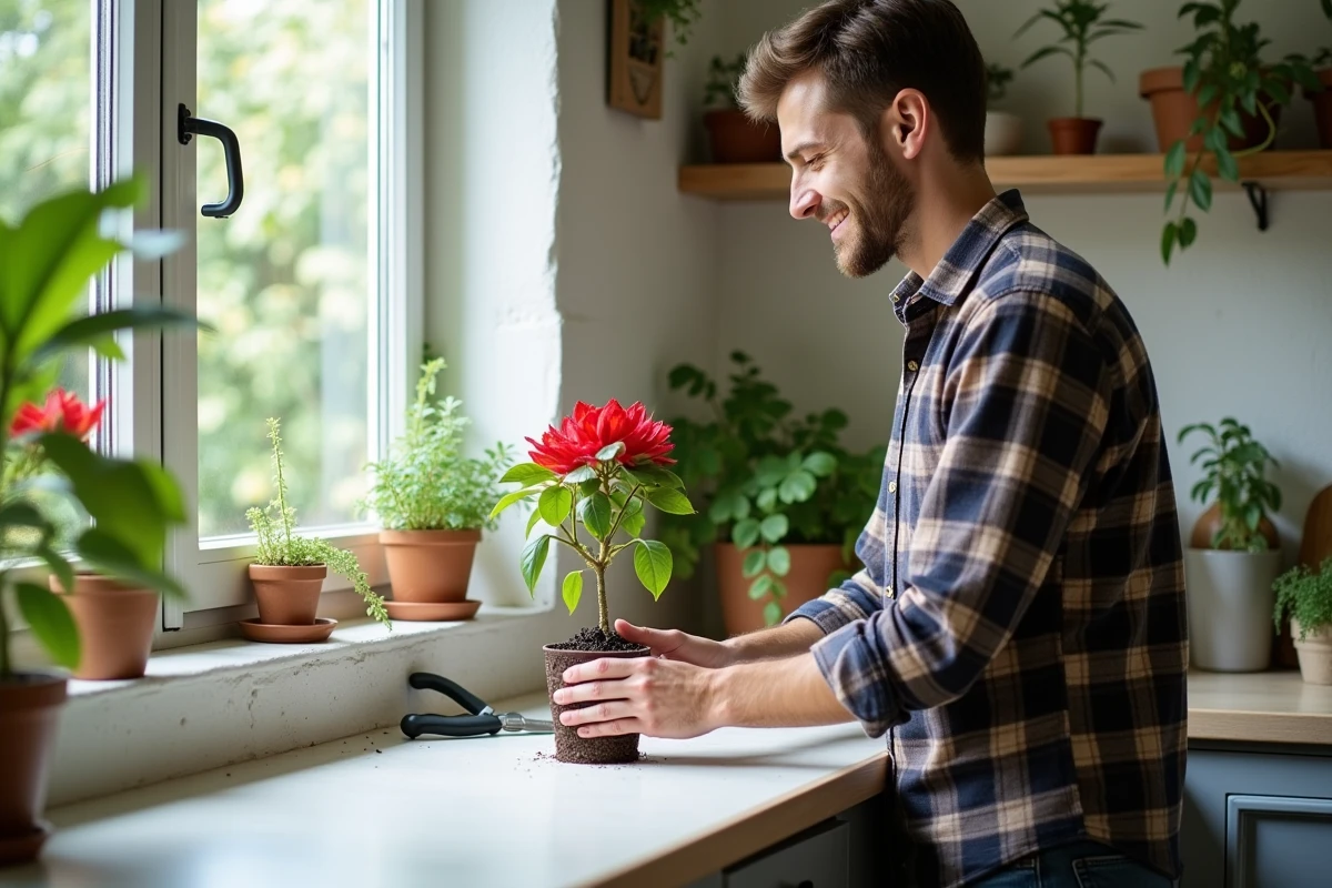 Jeune homme plantant bougainvillea dans un verre d