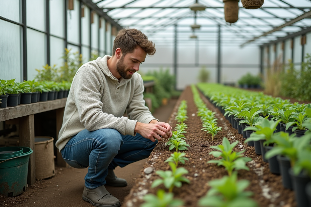Jeune homme vérifiant des semis dans une serre lumineuse