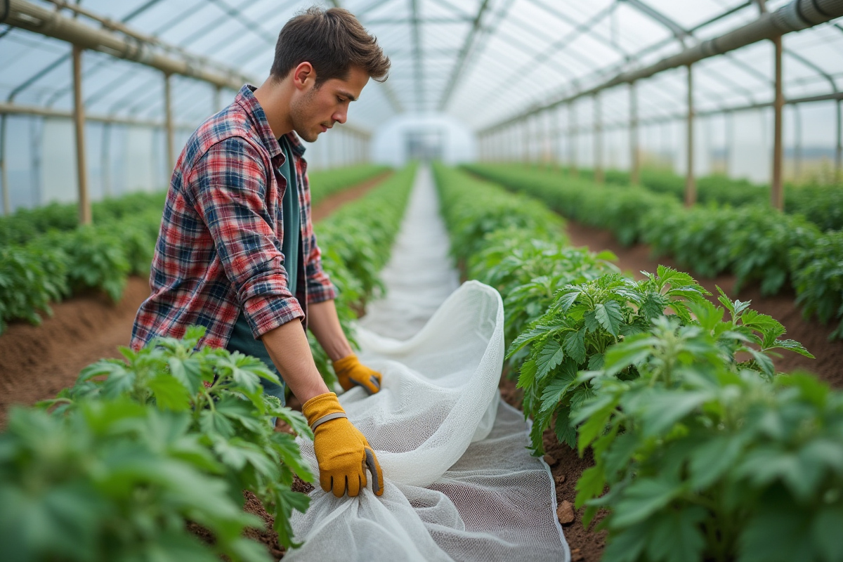 Jeune homme dans serre tendant un filet sur des tomates