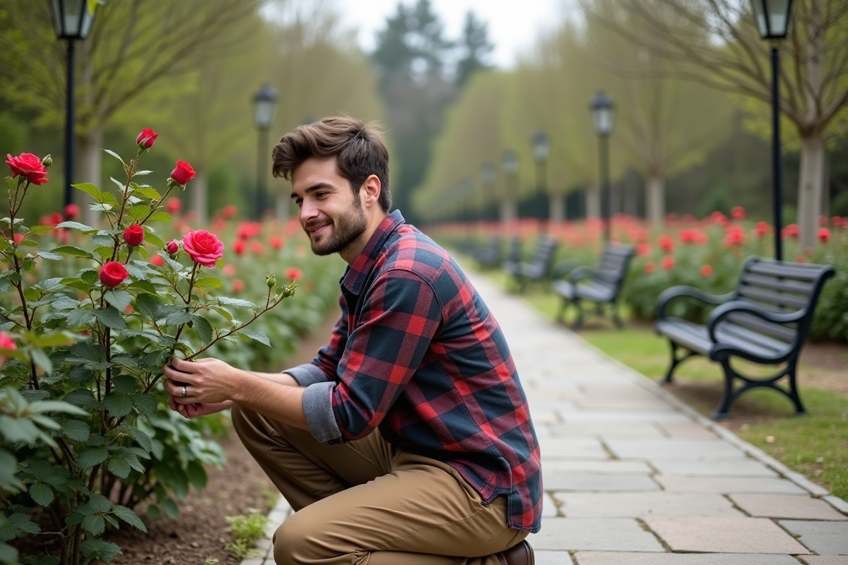 Jeune homme examinant un rosier taillé dans un jardin public