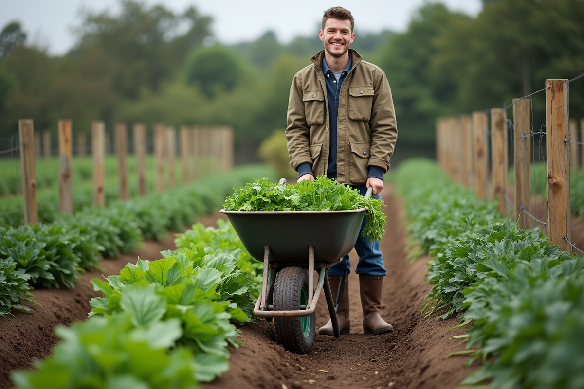 Jeune homme avec panier de légumes récoltés dans le jardin