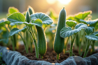 Jeunes plants de concombre avec gelée matinale dans le jardin