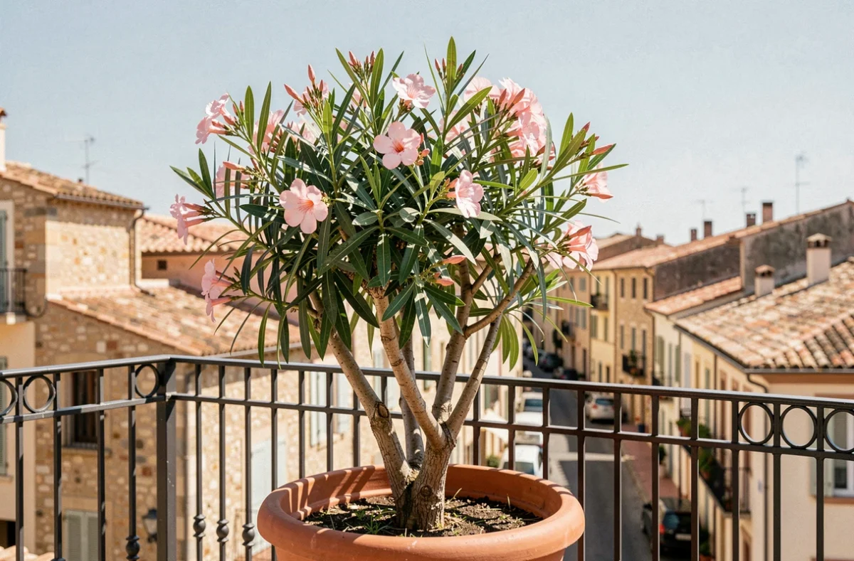 Laurier rose compact en pot sur un balcon méditerranéen après taille, nouvelles pousses et fleurs roses visibles