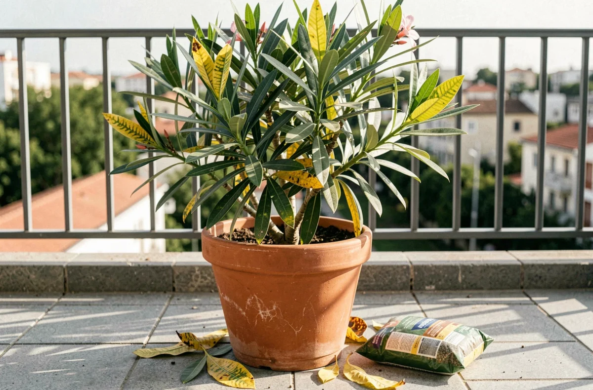 Laurier rose en pot sur un balcon avec des feuilles jaunissantes symptomatiques d'une carence nutritive