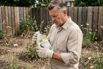 Homme en gants de travail lisant attentivement l'étiquette d'un débroussaillant interdit dans un jardin envahi de mauvaises herbes