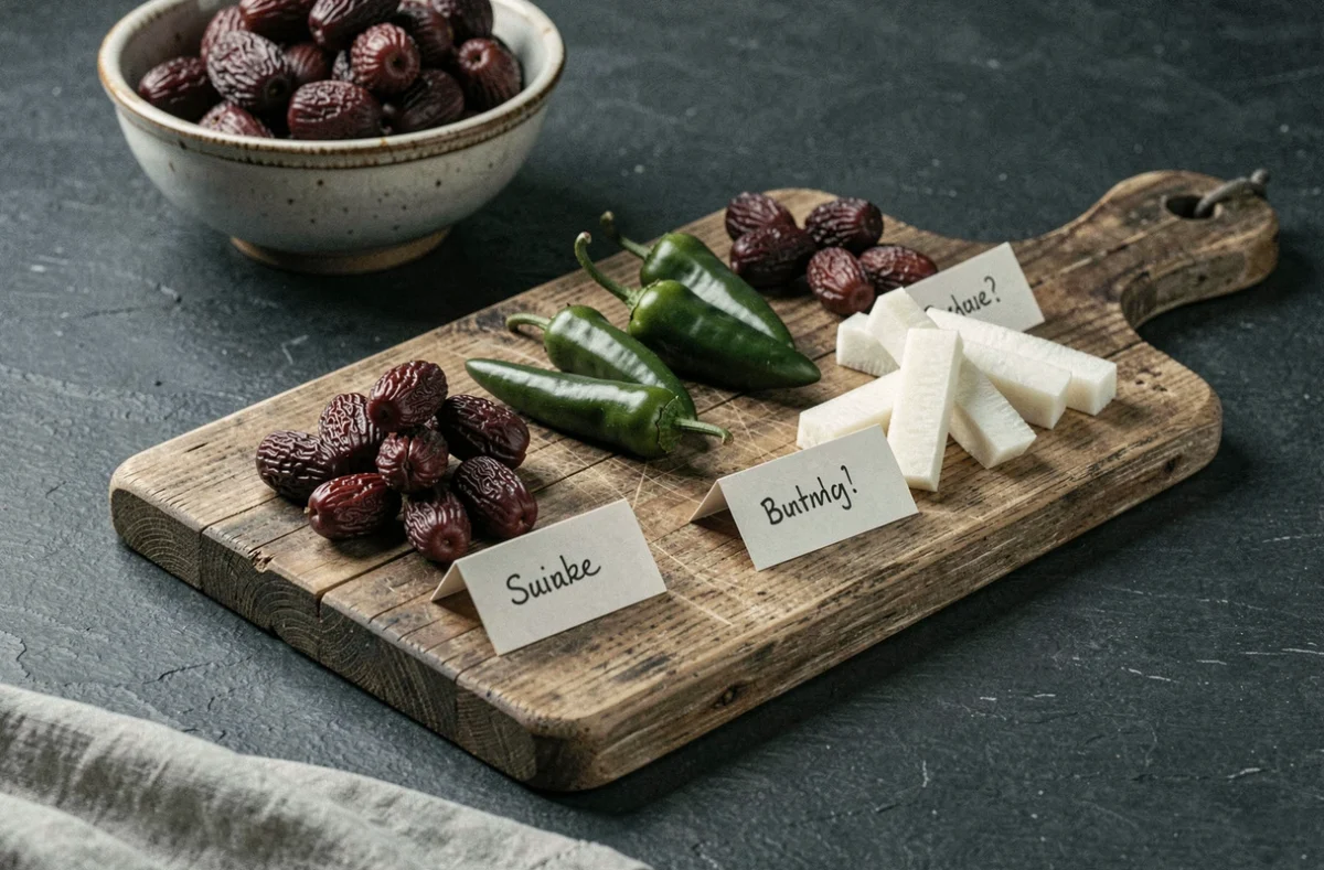 Planche en bois avec jujubes, jalapeños et bâtonnets de jicama étiquetés sur un plan de travail en ardoise