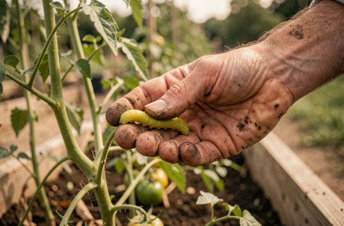 Main de jardinier tenant une chenille jaune verte trouvée dans un potager parmi les plants de tomates