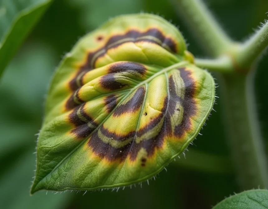 Feuille de tomate présentant les symptômes caractéristiques de l'alternariose avec des anneaux concentriques bruns
