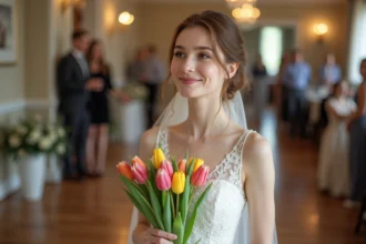 Jeune mariée en robe blanche tenant un bouquet de tulipes colorées
