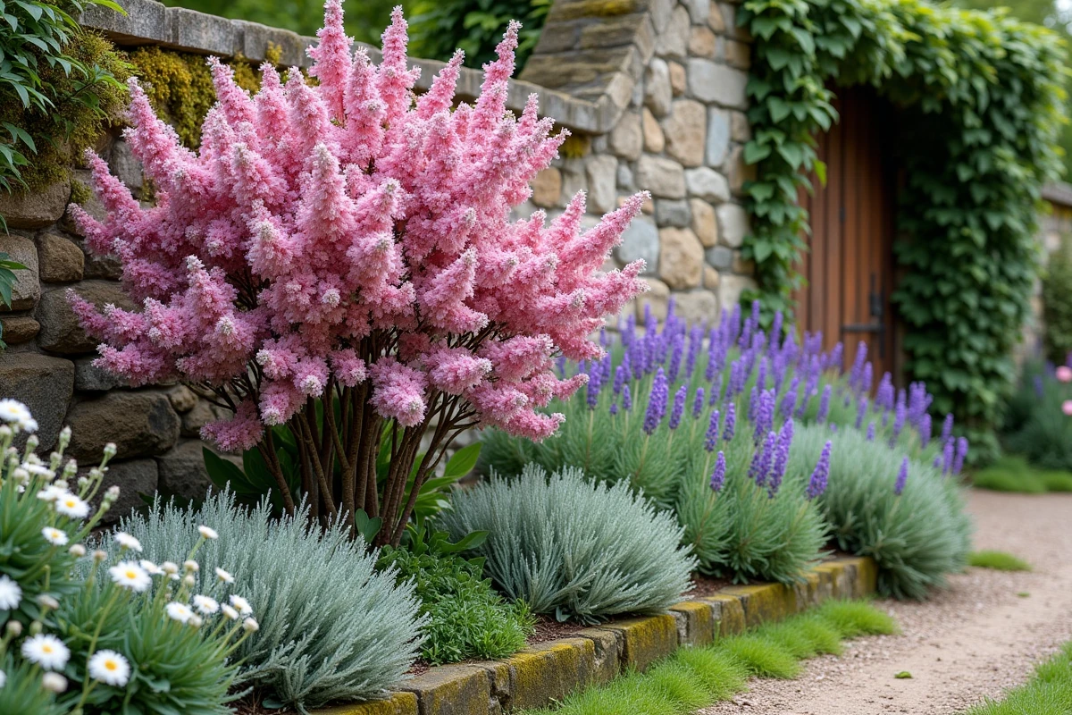 Massif de charme avec arbuste fleuri rose associé à des vivaces printanières devant un mur en pierre