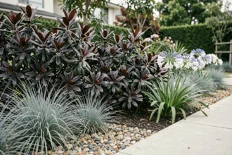 Massif moderne avec Pittosporum Kohuhu au feuillage pourpre associé à des graminées bleues et agapanthes blanches dans un jardin urbain contemporain
