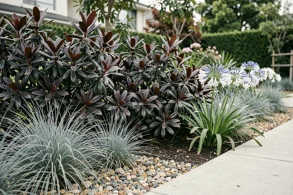 Massif moderne avec Pittosporum Kohuhu au feuillage pourpre associé à des graminées bleues et agapanthes blanches dans un jardin urbain contemporain