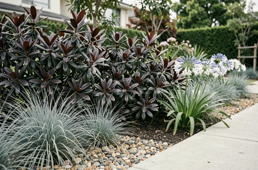Massif moderne avec Pittosporum Kohuhu au feuillage pourpre associé à des graminées bleues et agapanthes blanches dans un jardin urbain contemporain