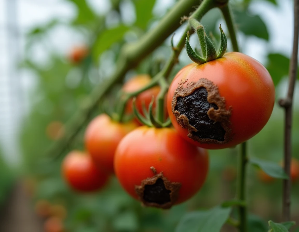 Tomates sur vigne atteintes de nécrose apicale avec taches sombres caractéristiques sur le bas du fruit