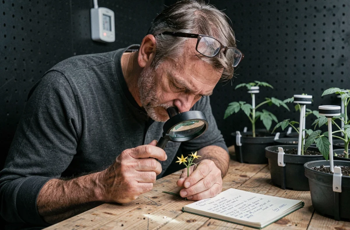 Homme observant une fleur de tomate à la loupe dans une salle de culture intérieure connectée avec capteurs de plantes
