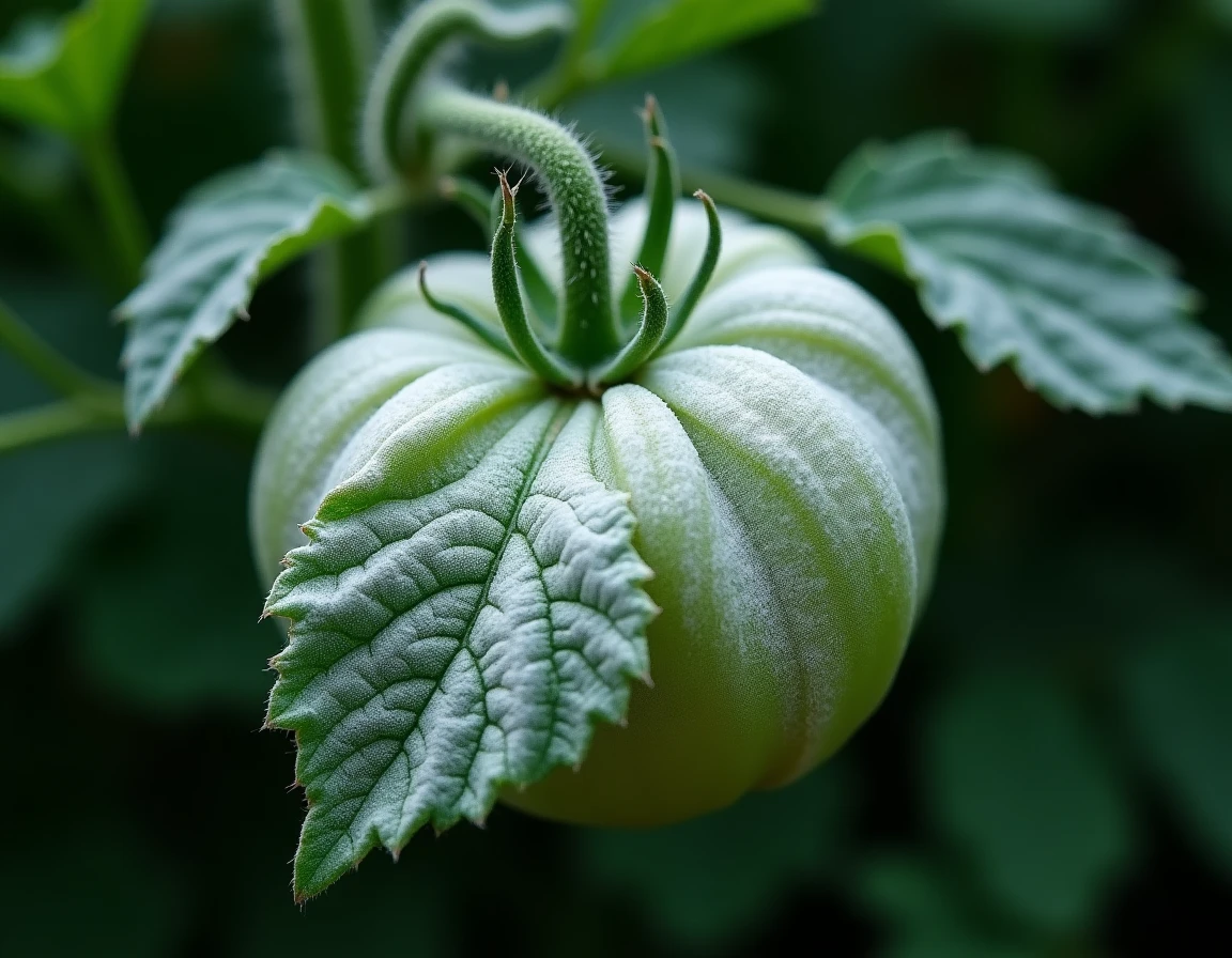 Feuille de tomate couverte d'oïdium avec revêtement blanc poudreux caractéristique en gros plan