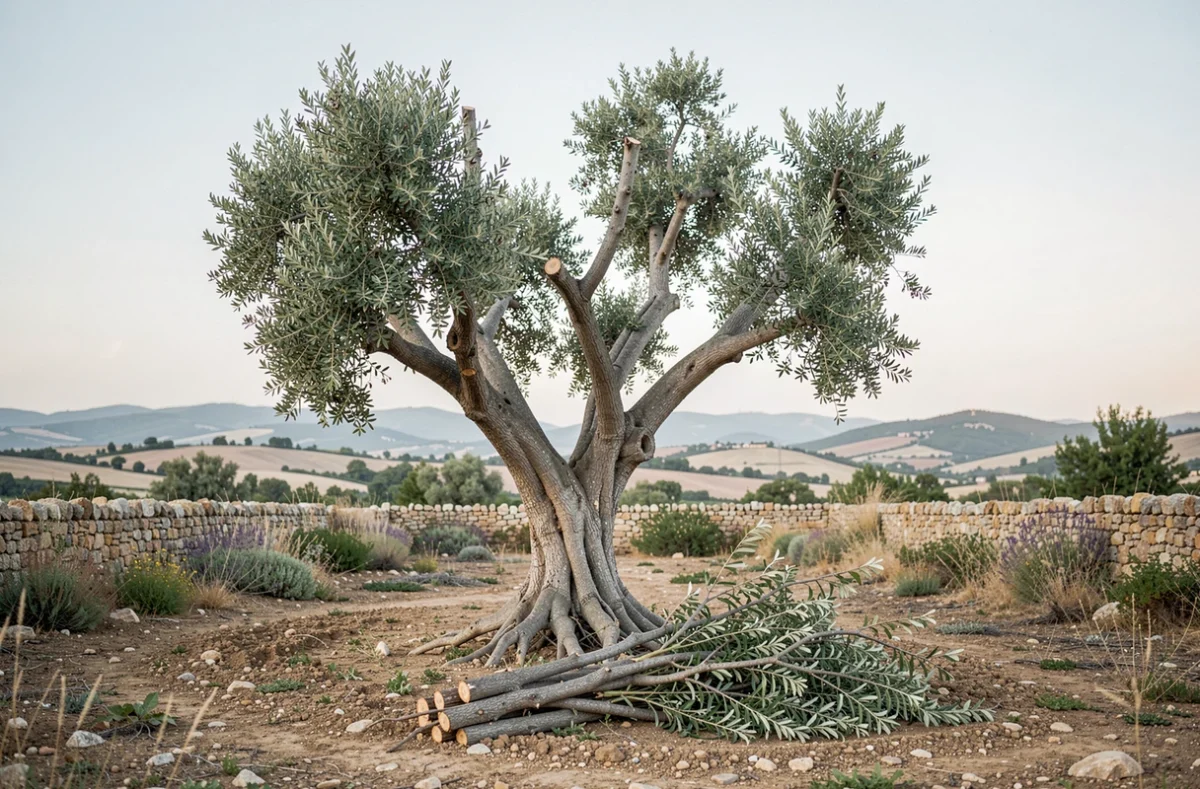 Vue d'ensemble d'un olivier après taille sévère de rajeunissement révélant la charpente principale de l'arbre