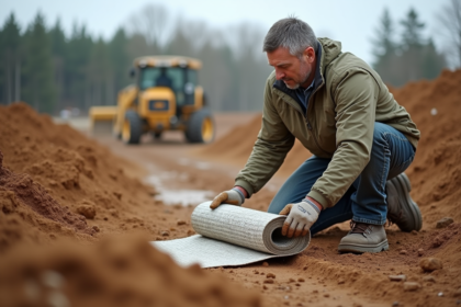 Paysagiste homme inspectant un géotextile sur un chantier