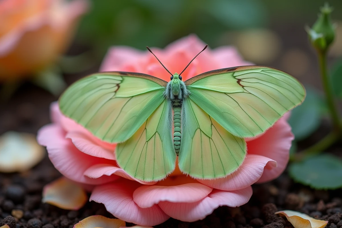 Papillon géomètre vert adulte posé sur une rose, lié au cycle de vie des chenilles vertes du rosier