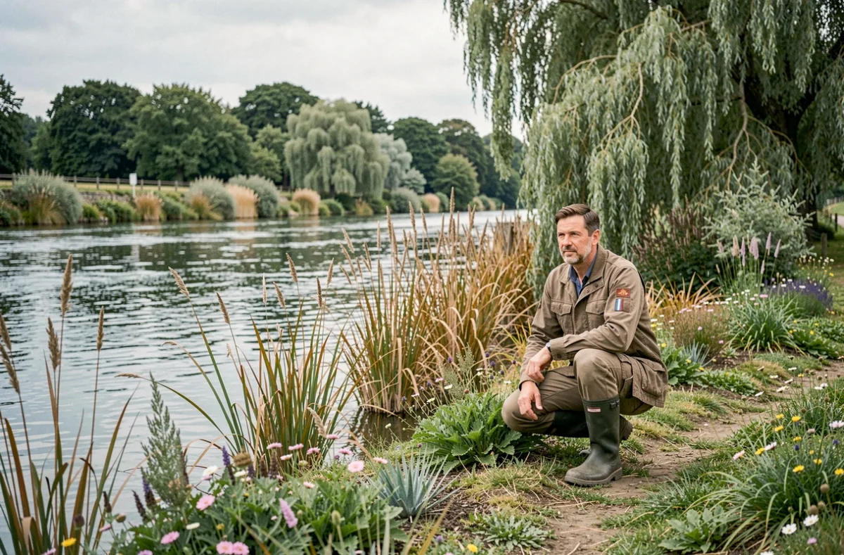 Architecte paysagiste de Paysages des 2 Rivières inspectant une plantation riveraine naturelle le long d'un cours d'eau en Loire-Atlantique