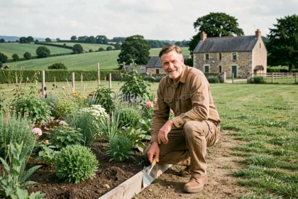 Paysagiste professionnel travaillant dans un jardin aménagé en Loire-Atlantique avec la campagne bocagère en arrière-plan